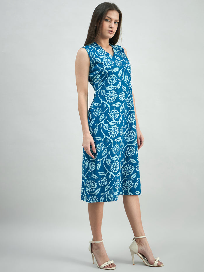 Women Blue Ethnic Motifs Printed Cotton A-Line Dress