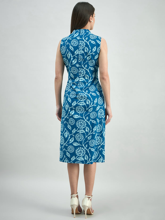 Women Blue Ethnic Motifs Printed Cotton A-Line Dress