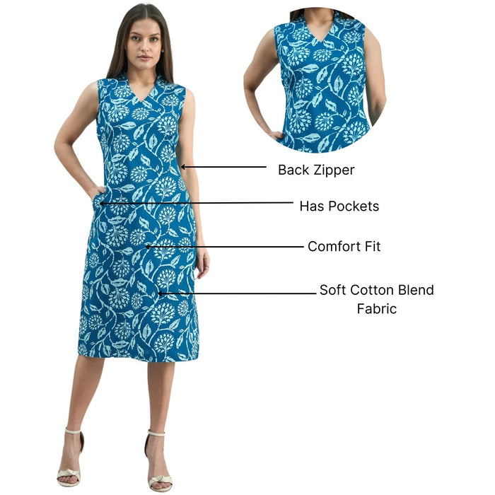 Women Blue Ethnic Motifs Printed Cotton A-Line Dress