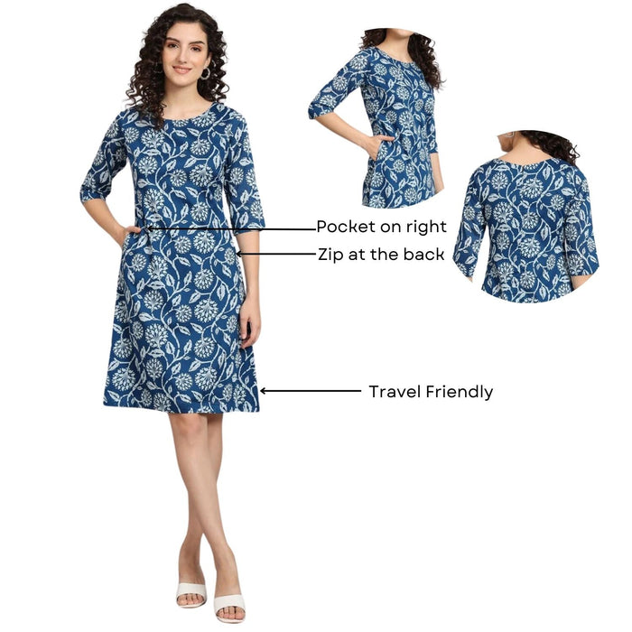 Women Blue Floral Printed A-Line Dress