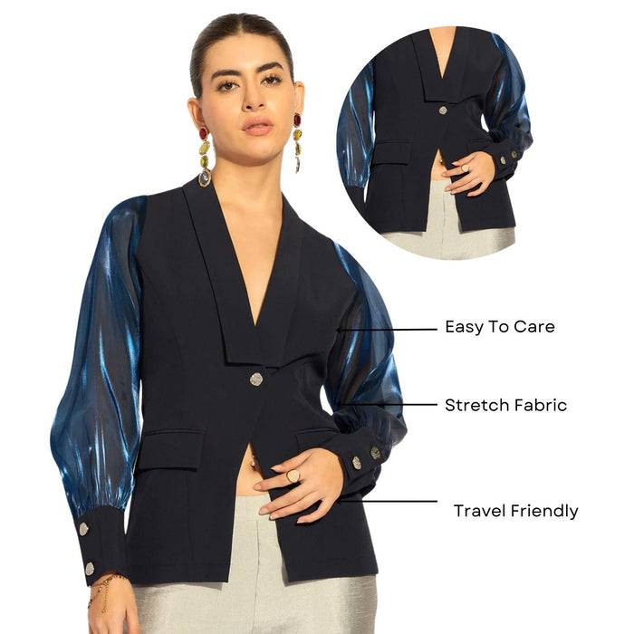 Women Blue Lapel Collar Long Sleeves Shirt Style Top