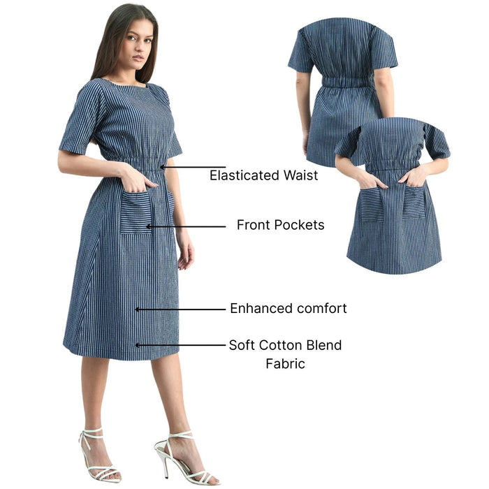 Women Blue Striped Cotton A-Line Stretch Dress