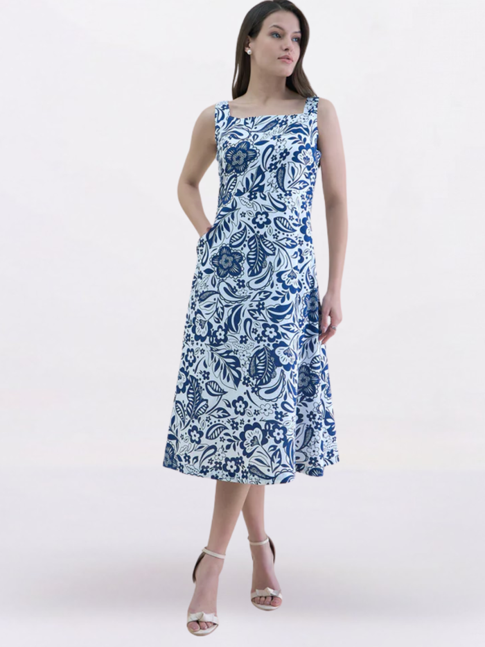 Women Blue-White floral print midi dress