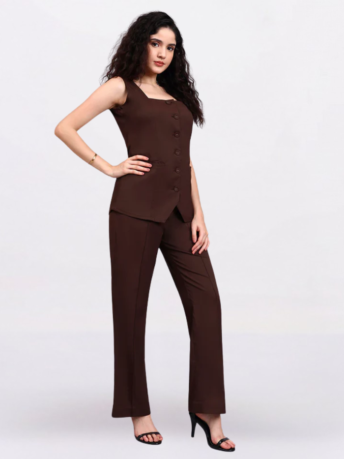 Women Brown Sleeveless Co-ord Set