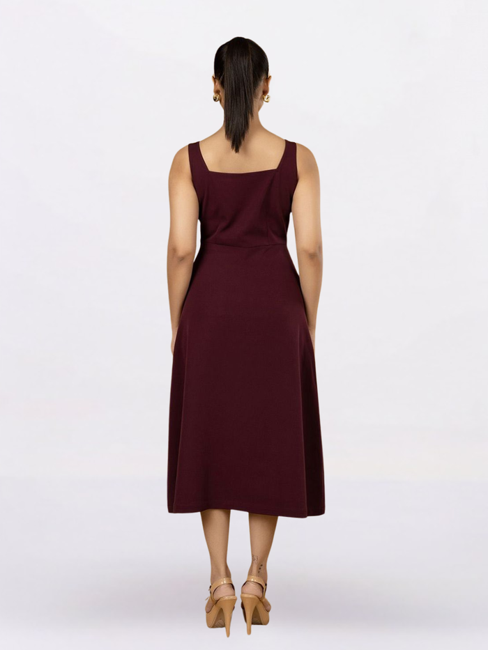 Women Burgundy Solid Strappy Fit And Flared Dress