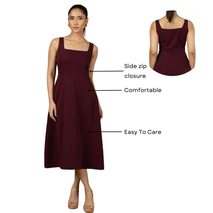 Women Burgundy Solid Strappy Fit And Flared Dress