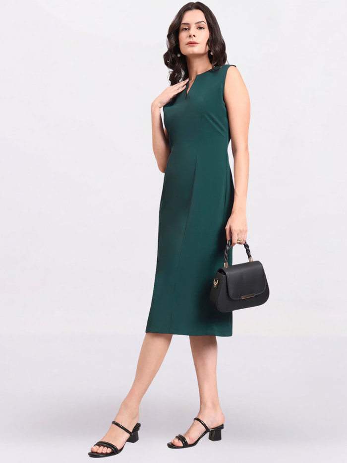 Women Dark Green Princess Panel A-Line Stretch Midi Dress