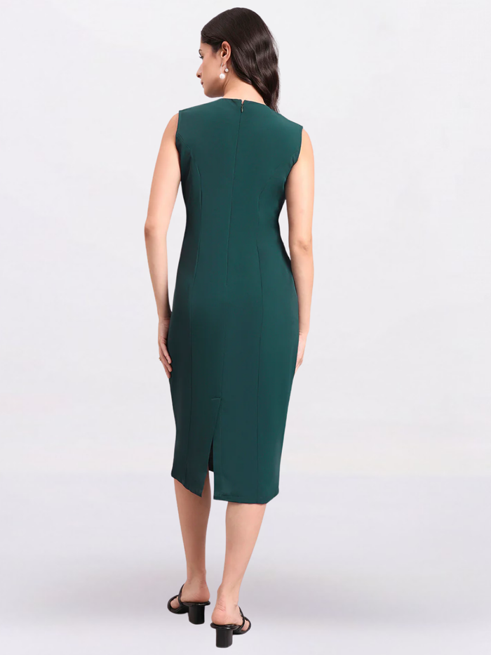 Women Dark Green Princess Panel A-Line Stretch Midi Dress