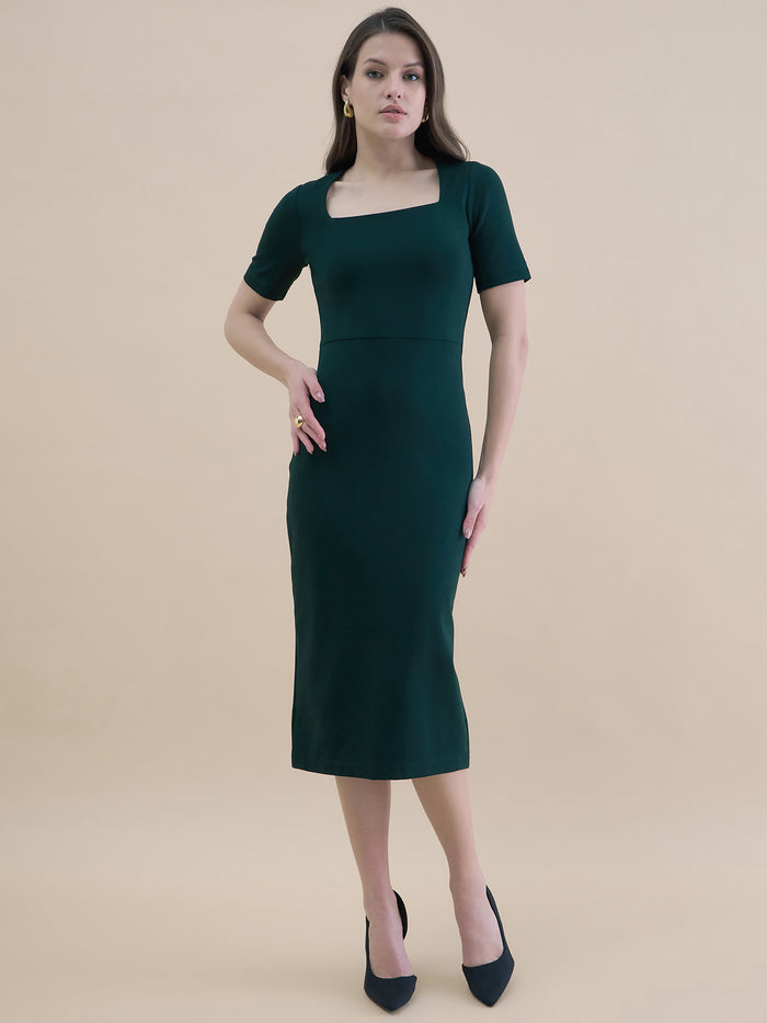 Women Dark Green Square Neck Bodycon Midi Dress
