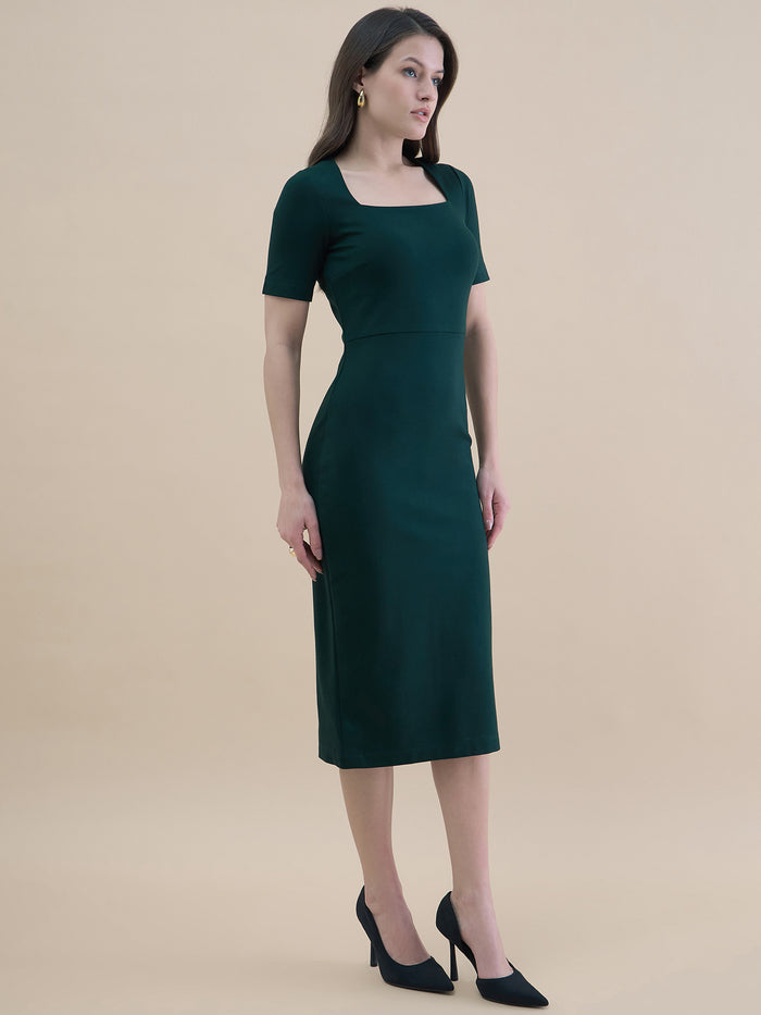 Women Dark Green Square Neck Bodycon Midi Dress