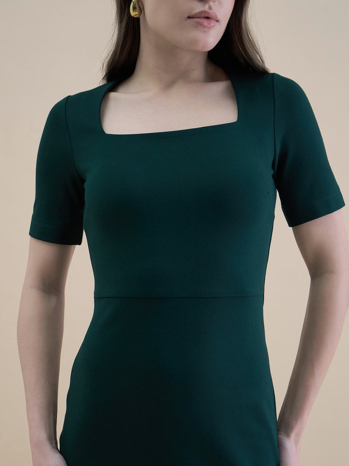 Women Dark Green Square Neck Bodycon Midi Dress