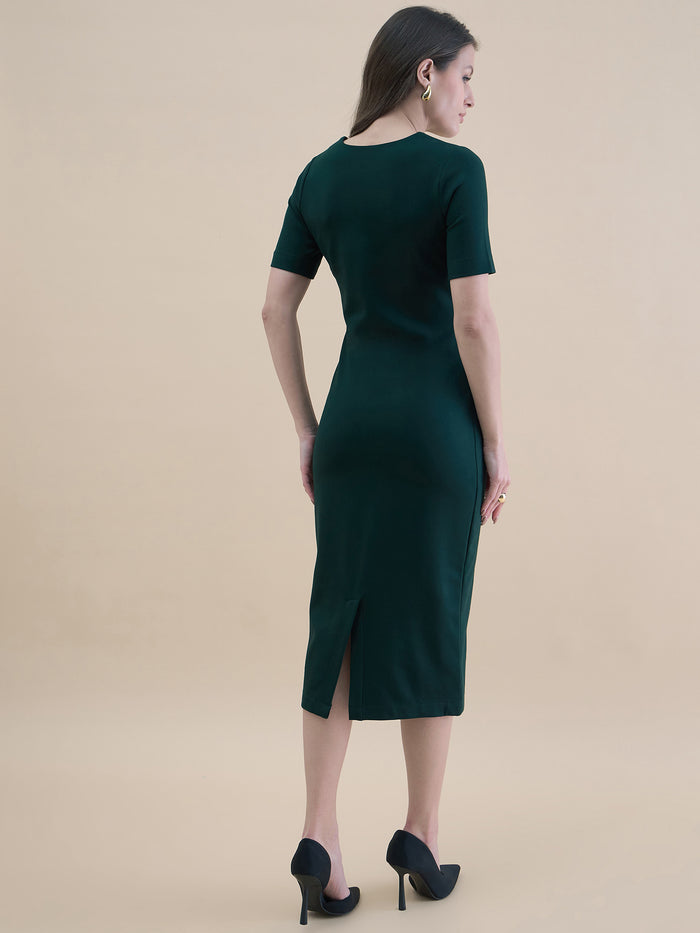 Women Dark Green Square Neck Bodycon Midi Dress