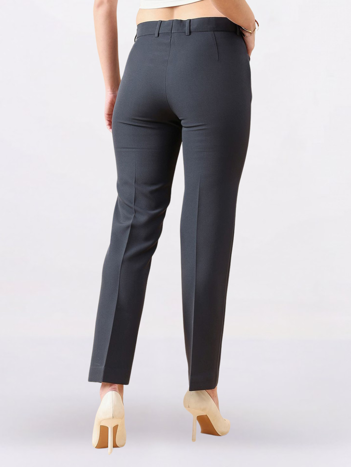 Women Dark Grey Comfort Fit Mid Waist Stretch Pants