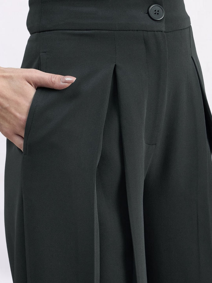 Women Dark Grey Loose Fit High-Rise Pleated Trousers