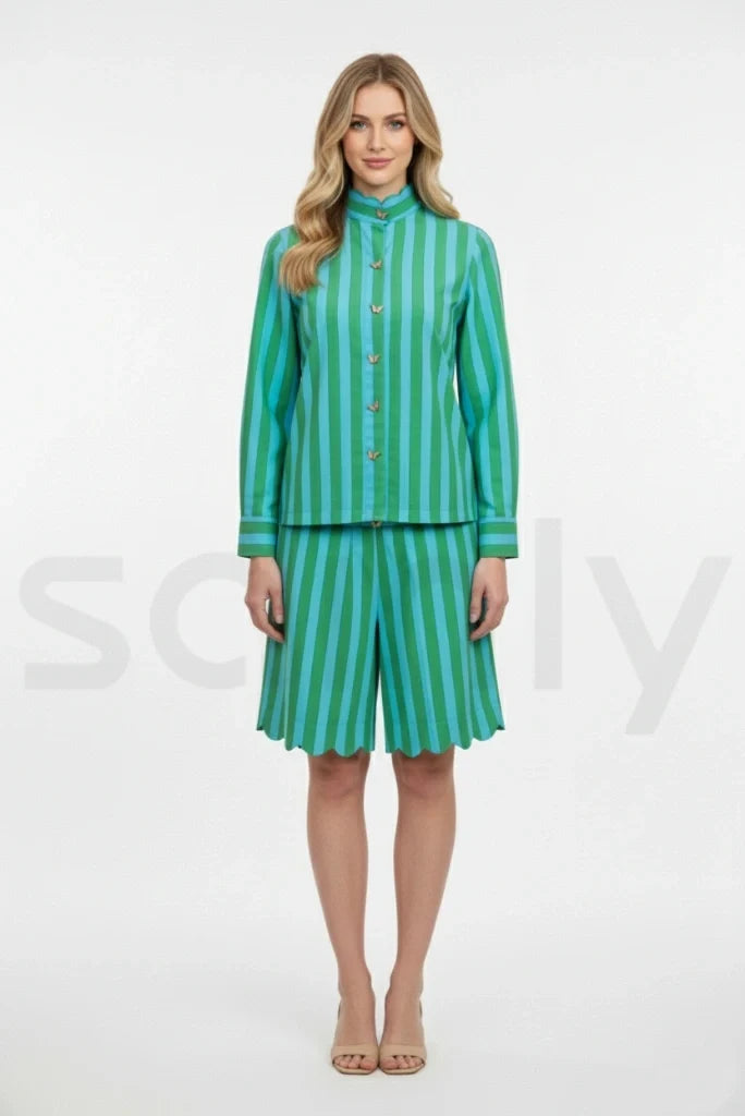 Women sky blue and green shorts and shirt co ord set-front