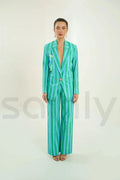 Stylish women green and blue matching co ord outfit-Front