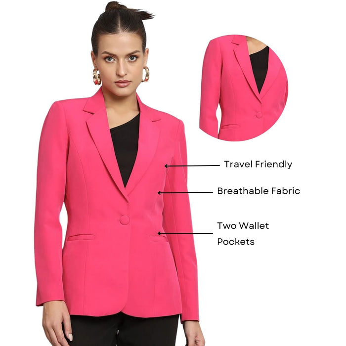 Women Hot Pink Notched Collar Formal Blazer