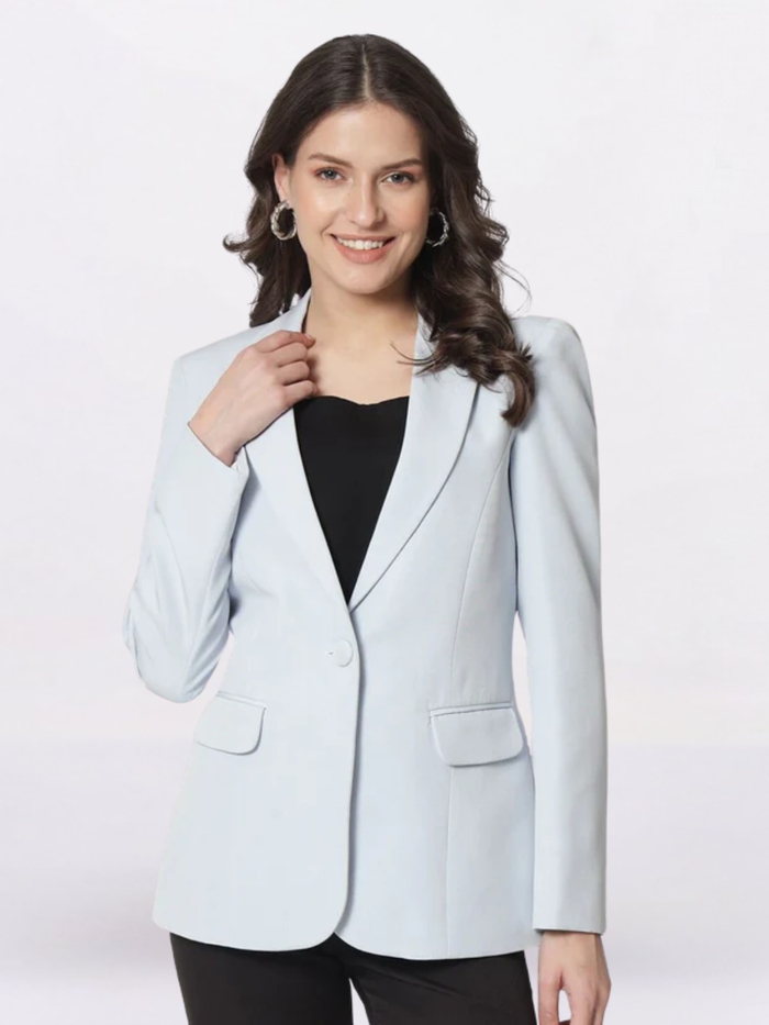 Women Ice Blue Notched Lapel Single Breasted Blazers