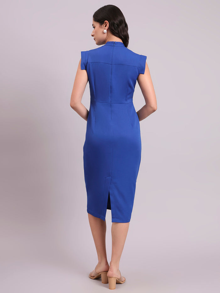 Women Ink- Blue Square Neck Stretch Midi Dress
