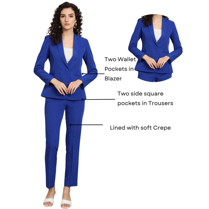 Women Ink Blue Notched Collar Stretch Formal Pant Suit