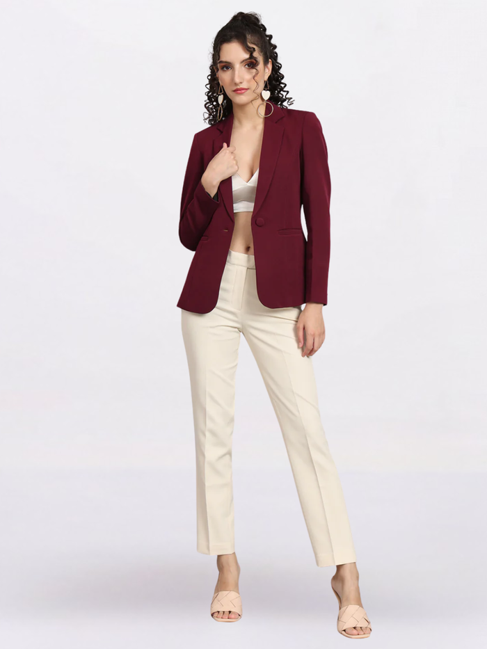 Women Maroon Notched Collar Blazer