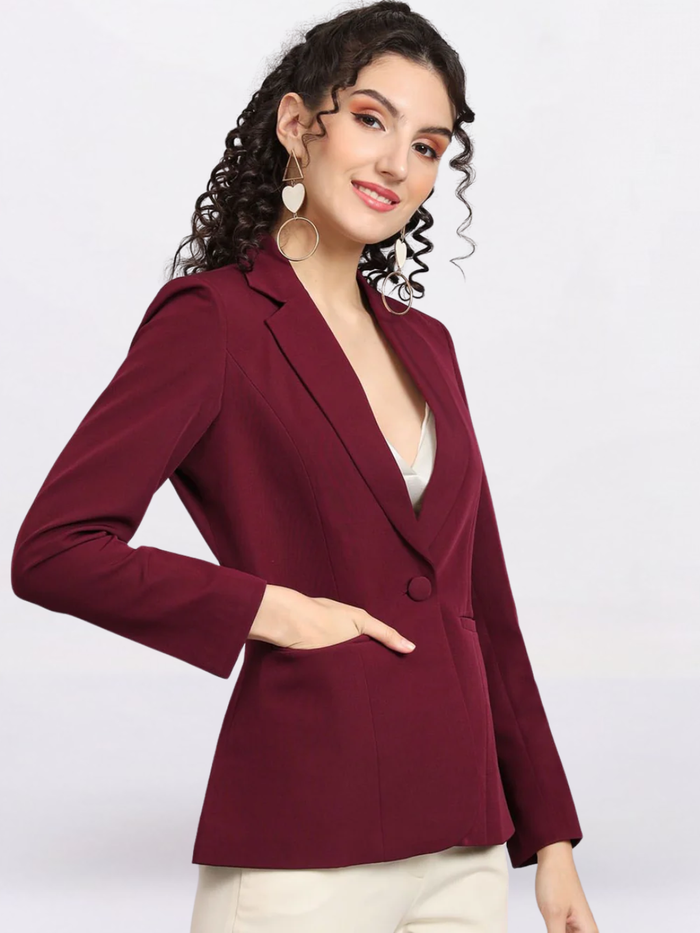 Women Maroon Notched Collar Blazer