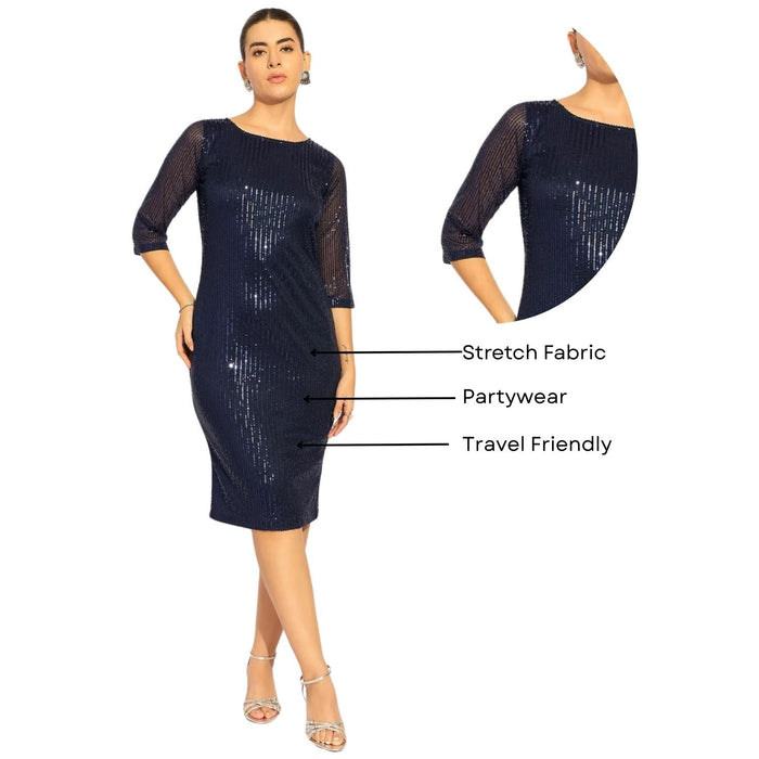 Women Navy Blue Embellished Sheath Dress