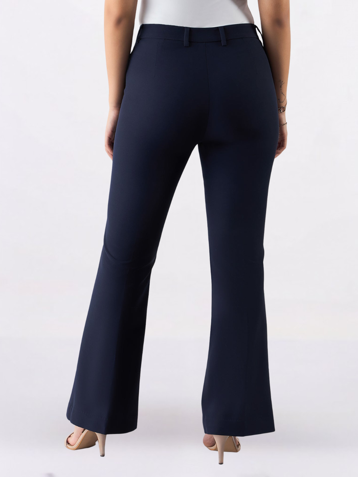 Women Navy Blue Flared High-Rise Trousers