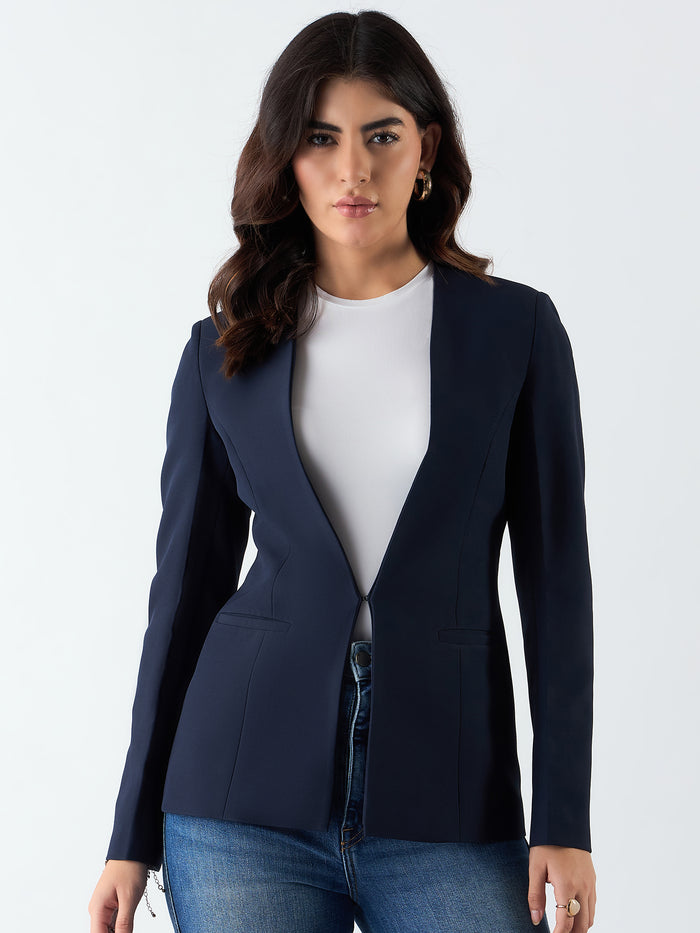 Women Navy Blue Stretch Blazer