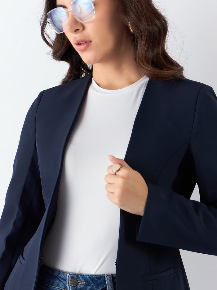 Women Navy Blue Stretch Blazer