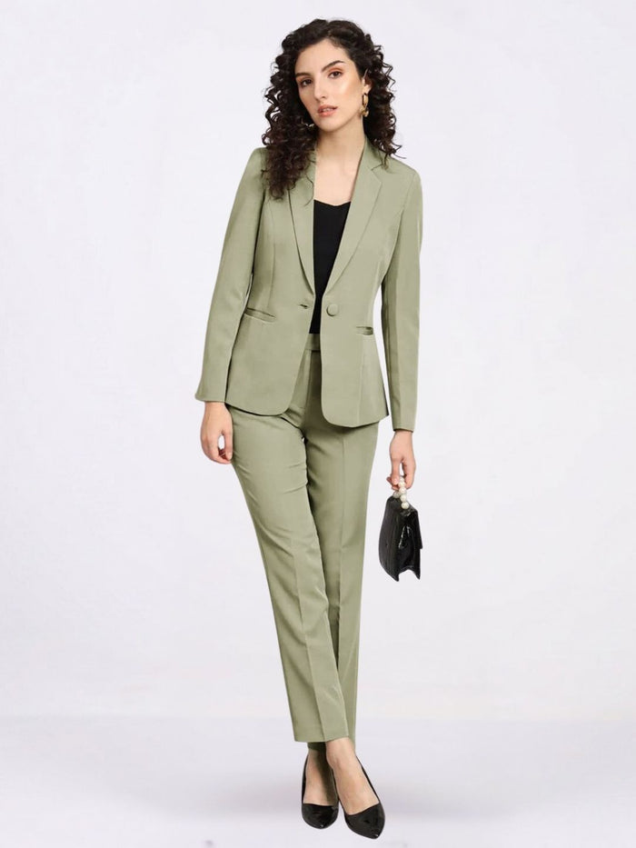 Women Olive Green Single-Breasted Formal Pantsuit