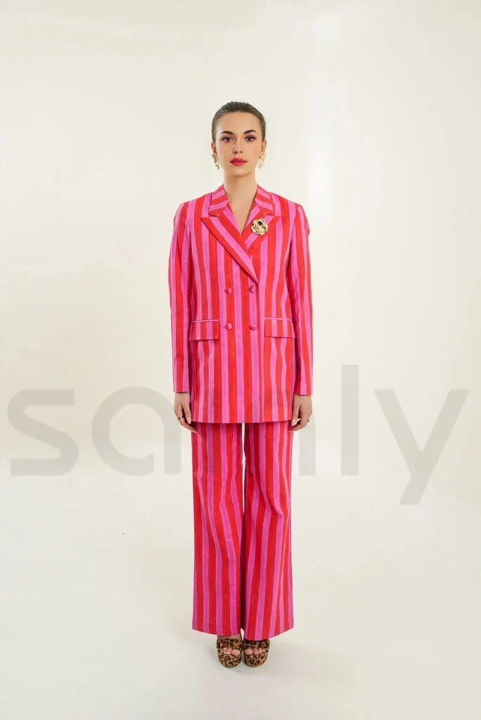Women red and pink two piece co ord set for casual wear