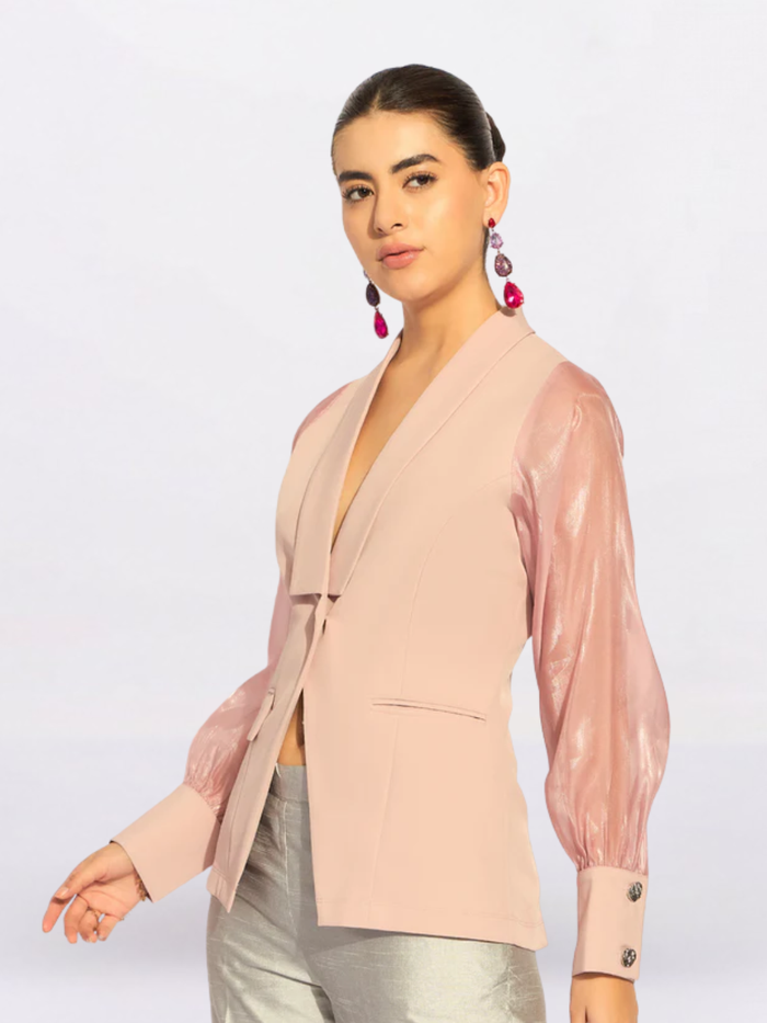 Women Pink Shawl Collar Long Sleeves Shirt Style Top