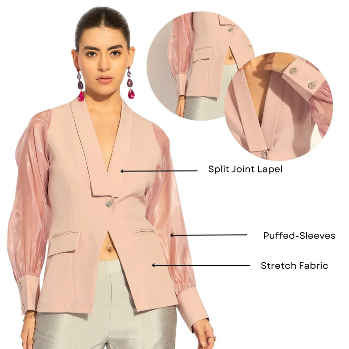 Women Pink Shawl Collar Long Sleeves Shirt Style Top