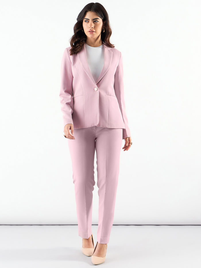 Women Pink Single-Breasted Stretch Formal Pantsuit