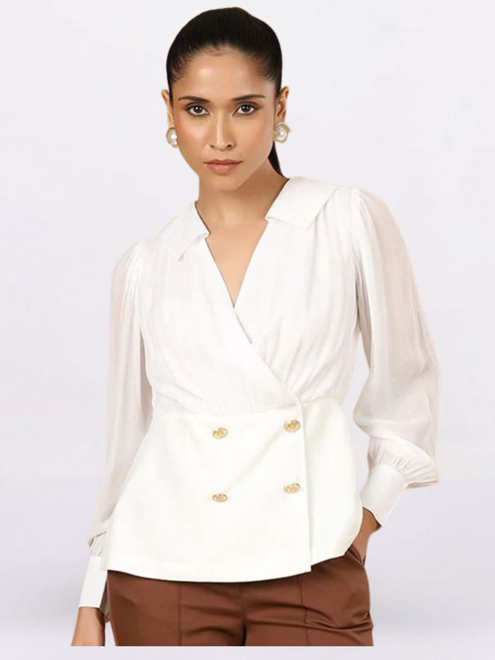 Women Shirt Collar Cuffed Sleeves Peplum Top