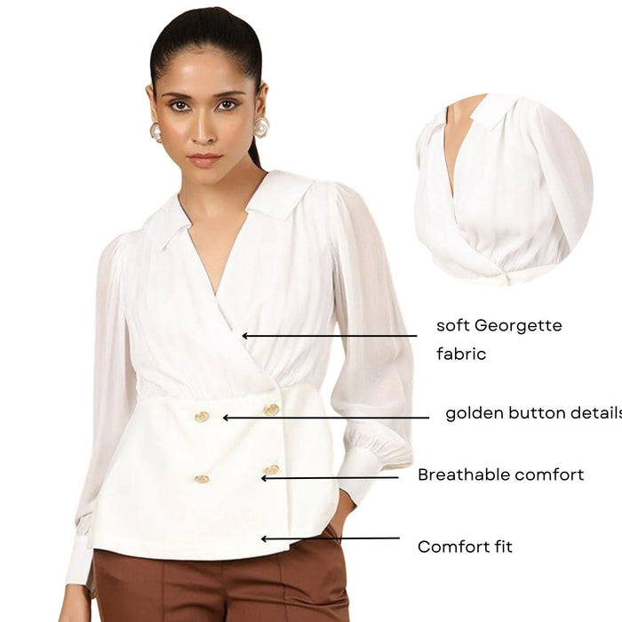 Women Shirt Collar Cuffed Sleeves Peplum Top