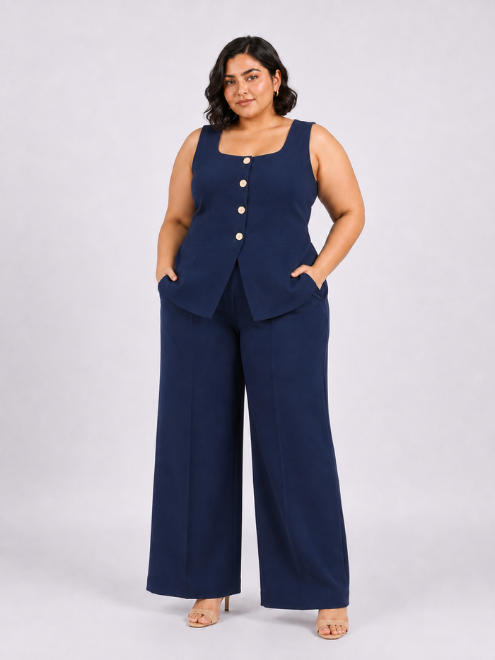 Women U-Neck Straight Fit Waistcoat And Trouser