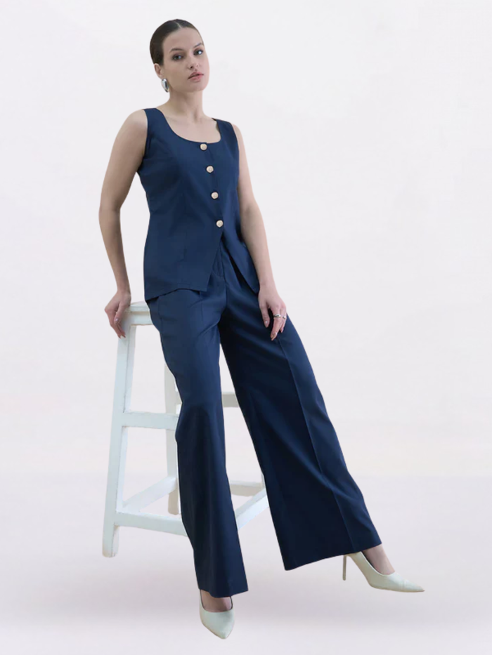 Women U-Neck Straight Fit Waistcoat And Trouser