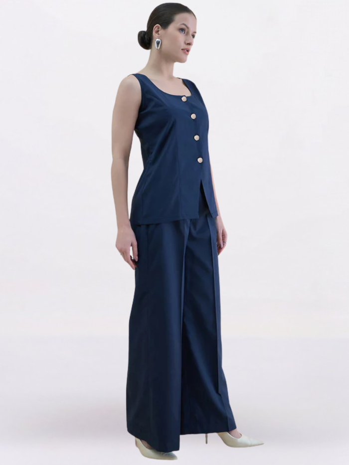 Women U-Neck Straight Fit Waistcoat And Trouser