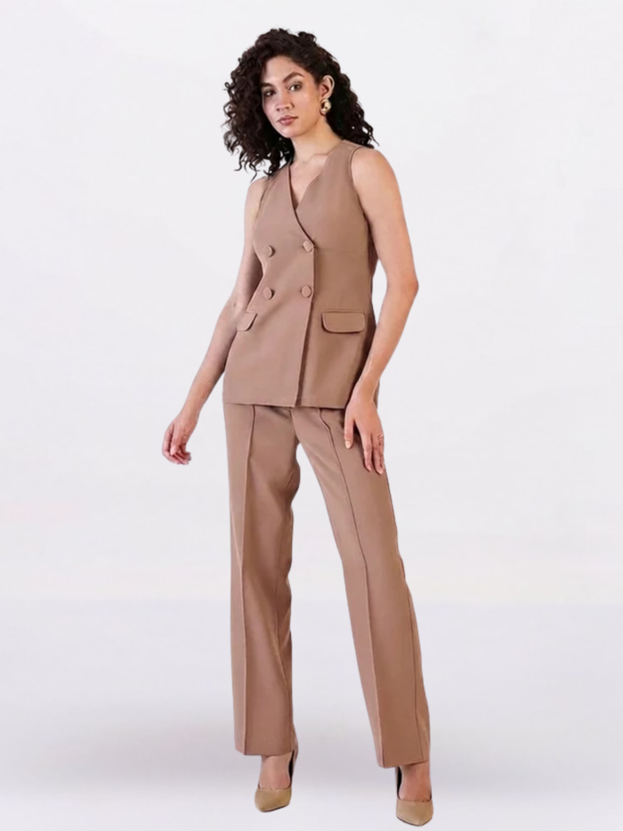 Women V-Neck Sleeveless Top With Trousers Co-ord set