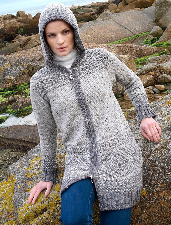 Women's Fair Isle Long Hooded Coatigan with Celtic Knot Zipper Pull - Grey #color_grey