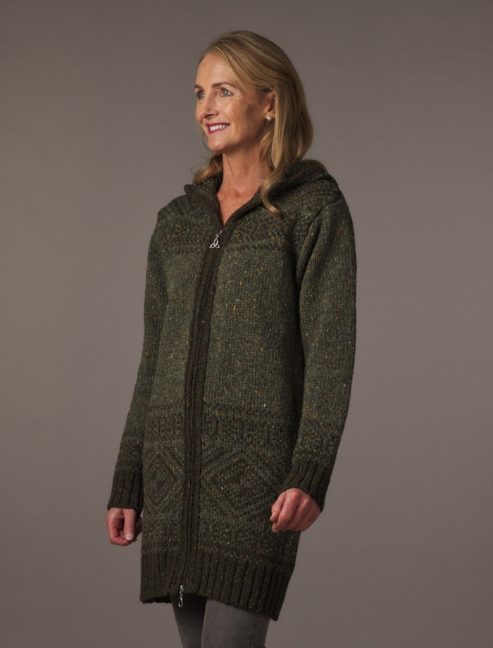 Women's Fair Isle Long Hooded Coatigan with Celtic Knot Zipper Pull - Green #color_green