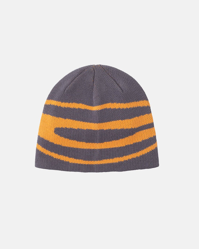 WORK BEANIE DUST GREY - grey striped knit beanie, front view - Cold Culture