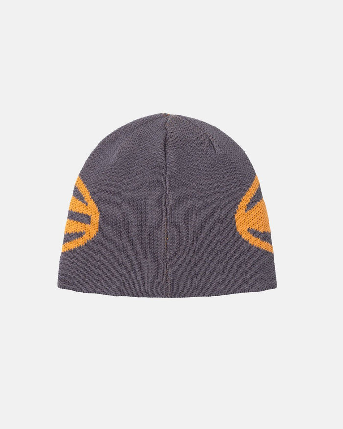 WORK BEANIE DUST GREY - grey striped knit beanie, back view - Cold Culture