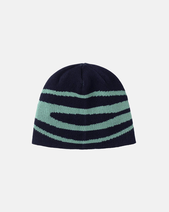 WORK BEANIE HEAVY BLUE - navy blue striped knit beanie, front view - Cold Culture