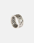 WORLDWIDE RING - silver cut-out lettering ring, side view - Cold Culture