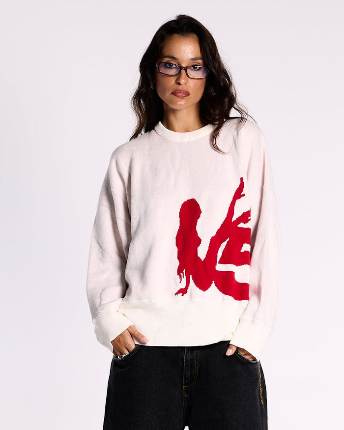 YURE KNIT OFF WHITE - off white graphic knit sweater, front view on female model - Cold Culture #woman