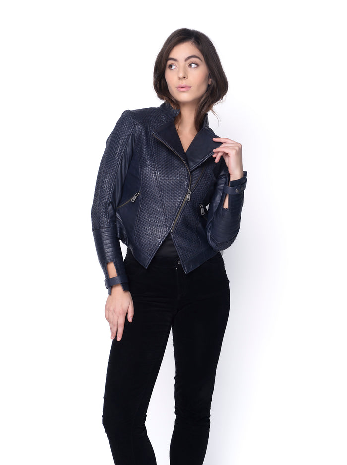 Zoe Hand Woven Leather Jacket-Chocolate