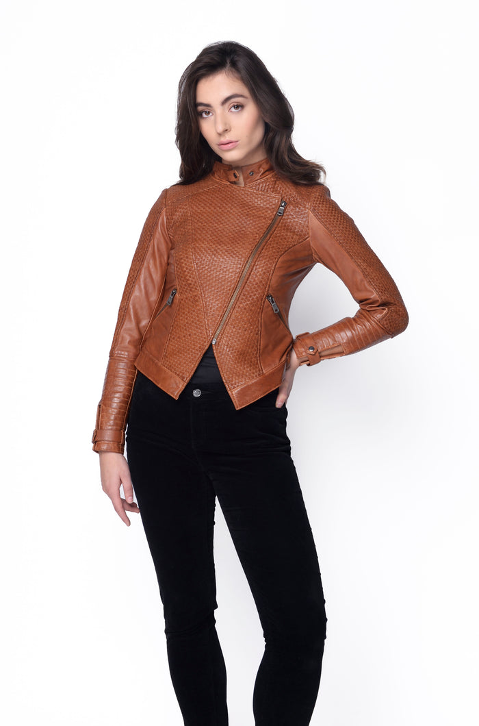 Zoe Hand Woven Leather Jacket-Navy